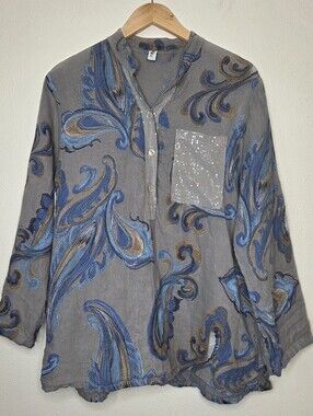 New Collection Made in Italy 100% Linen Gray Blue Paisley Sequin Pocket Blouse L